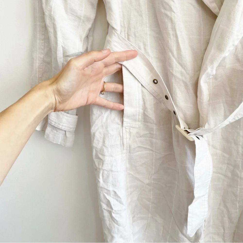 Tahari Linen Duster shirt trench belted plaid collared lagenlook topper cover up
